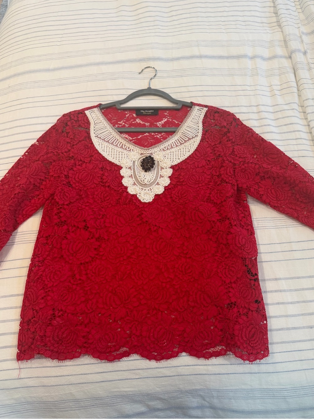 The Kooples Red Lace Blouse with Ivory Crochet Neckline